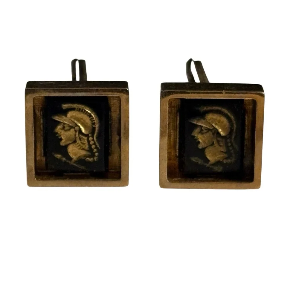 Vintage Cufflinks Roman Trojan Greek Soldier Gold Tone Black‎ Center Square